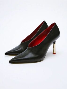 Zara Shoes Womens 10 Black Leather Pointed Toe Pumps Gold Stiletto Heel Artsy